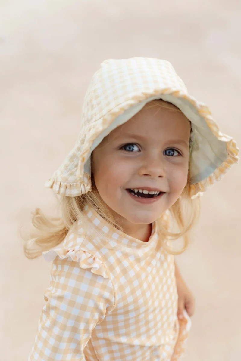 Little Dutch Zonnehoedje Baby Reversible Sea Green/Sunshine Checks - Image 3